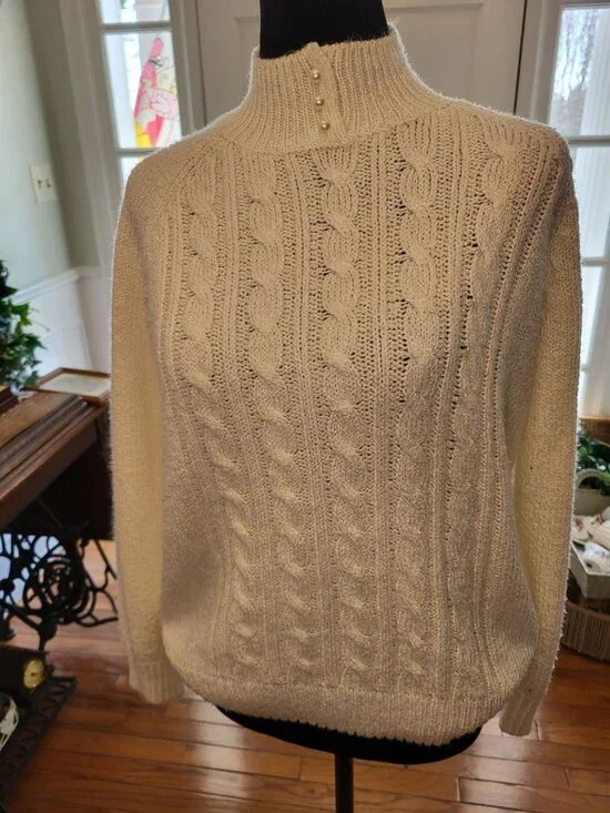 Karen Scott Vintage 90's Mock Neck Cable Knit Sweater Pearl Buttons PM Preppy - Picture 3 of 8